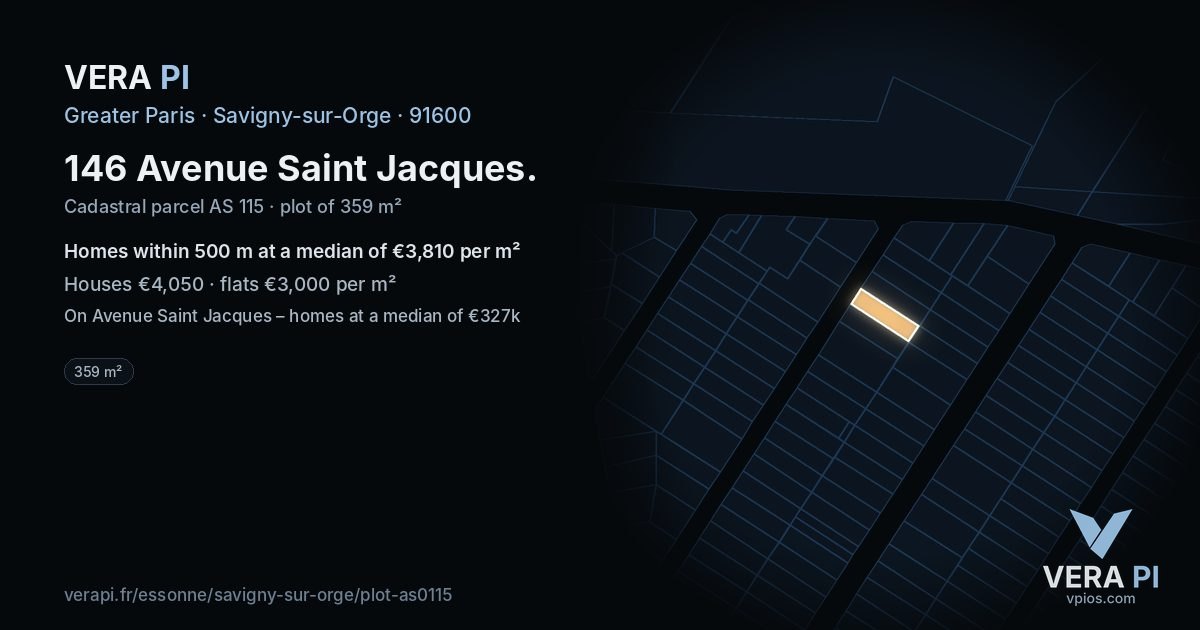 146 Avenue Saint Jacques, Savigny-sur-Orge at night – the plot lit, the parcels around coloured by the prices near them