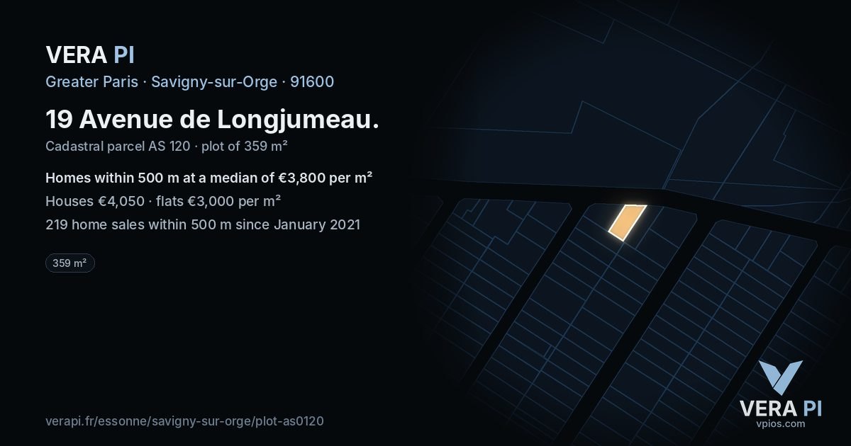 19 Avenue de Longjumeau, Savigny-sur-Orge at night – the plot lit, the parcels around coloured by the prices near them
