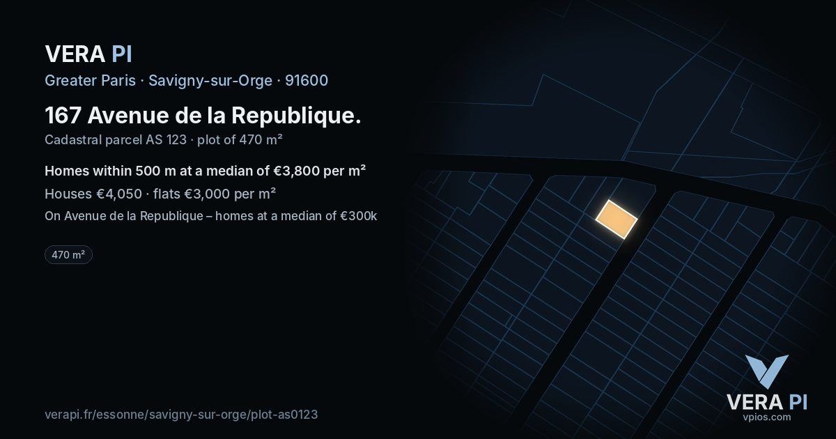 167 Avenue de la Republique, Savigny-sur-Orge at night – the plot lit, the parcels around coloured by the prices near them