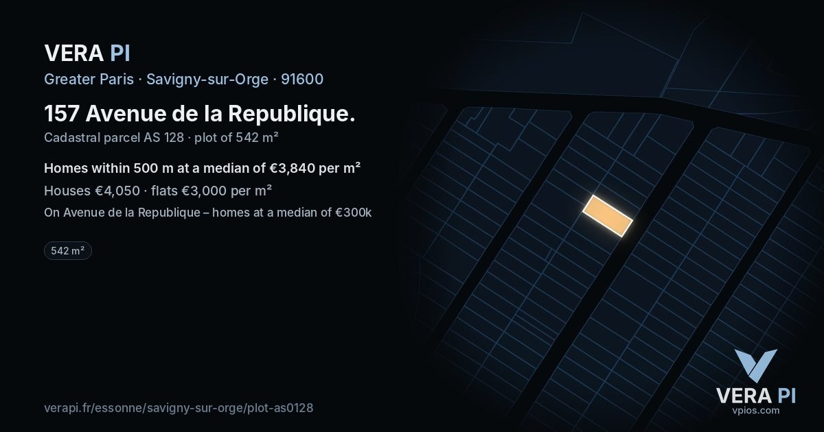 157 Avenue de la Republique, Savigny-sur-Orge at night – the plot lit, the parcels around coloured by the prices near them