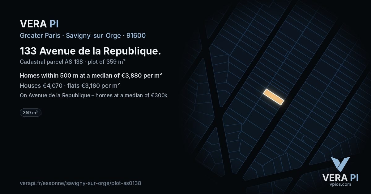 133 Avenue de la Republique, Savigny-sur-Orge at night – the plot lit, the parcels around coloured by the prices near them