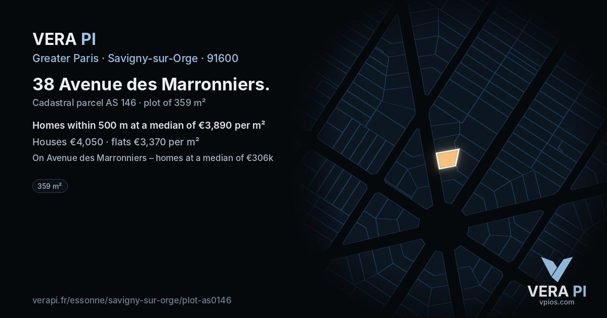 38 Avenue des Marronniers, Savigny-sur-Orge at night – the plot lit, the parcels around coloured by the prices near them