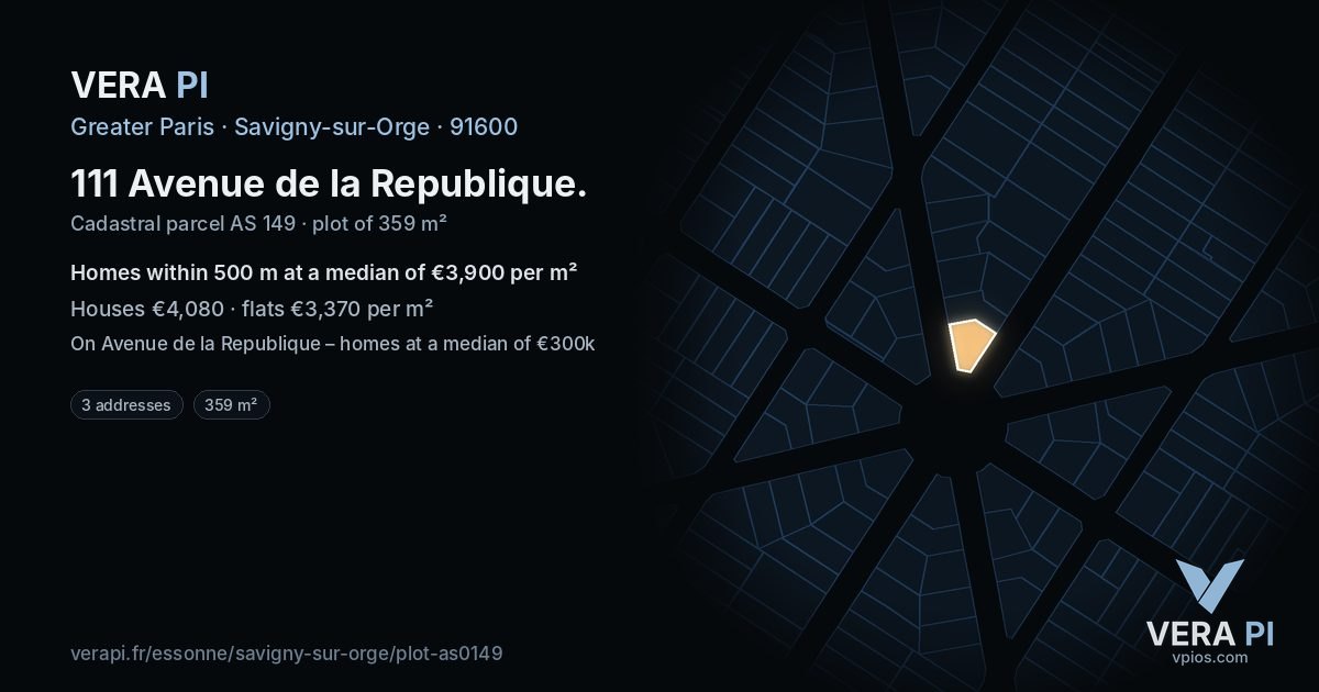 111 Avenue de la Republique, Savigny-sur-Orge at night – the plot lit, the parcels around coloured by the prices near them