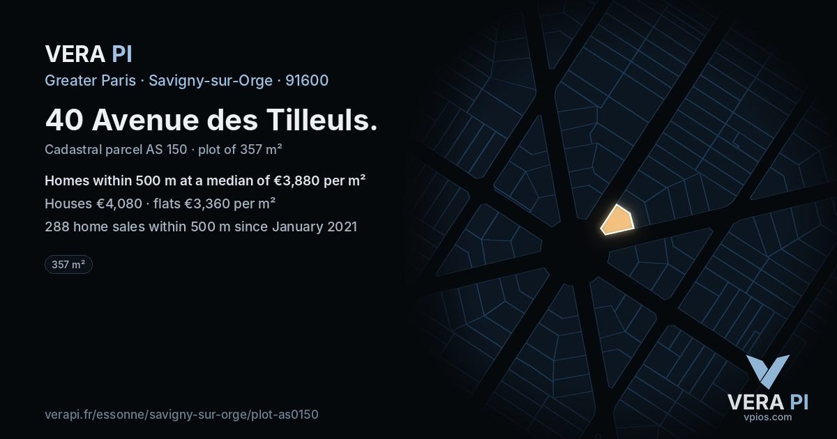 40 Avenue des Tilleuls, Savigny-sur-Orge at night – the plot lit, the parcels around coloured by the prices near them