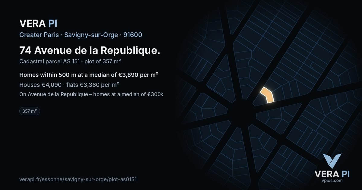 74 Avenue de la Republique, Savigny-sur-Orge at night – the plot lit, the parcels around coloured by the prices near them
