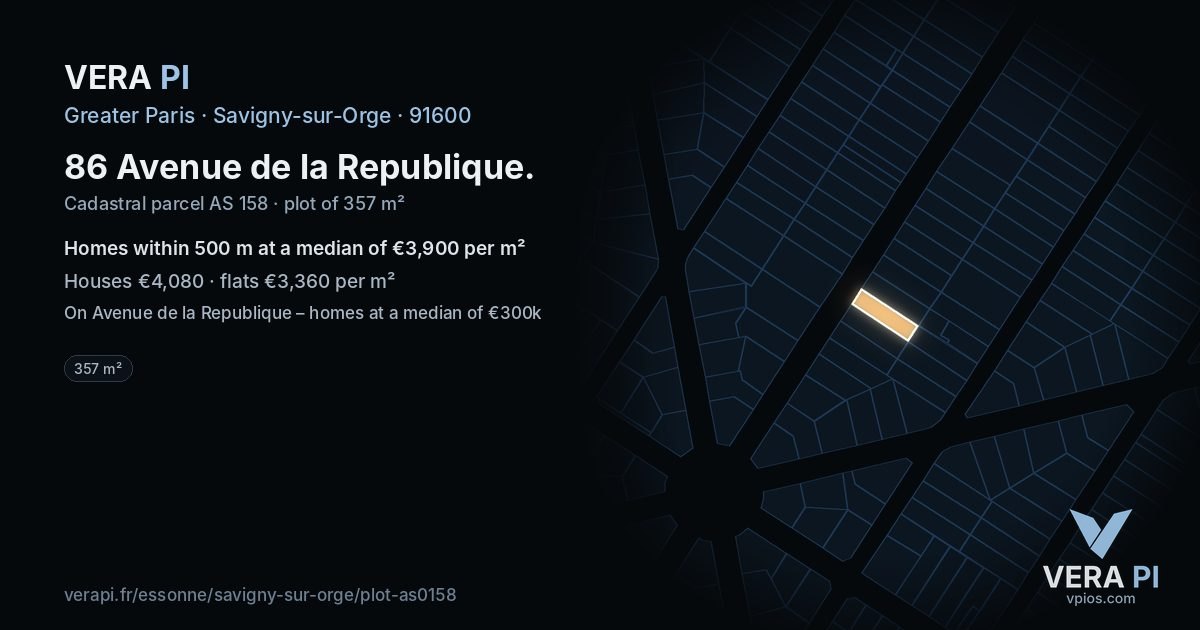 86 Avenue de la Republique, Savigny-sur-Orge at night – the plot lit, the parcels around coloured by the prices near them