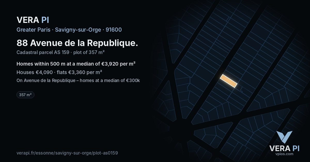 88 Avenue de la Republique, Savigny-sur-Orge at night – the plot lit, the parcels around coloured by the prices near them