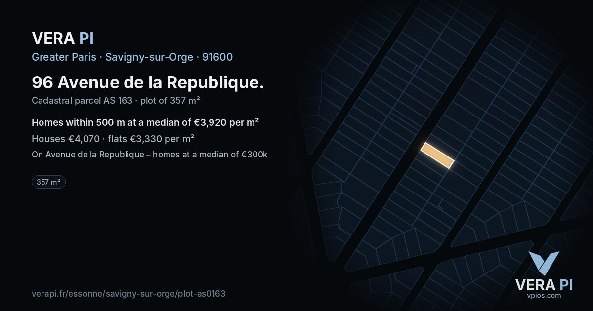 96 Avenue de la Republique, Savigny-sur-Orge at night – the plot lit, the parcels around coloured by the prices near them