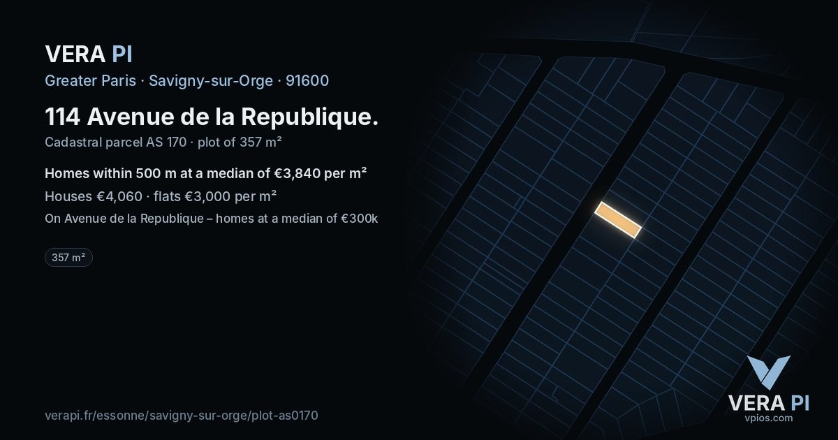 114 Avenue de la Republique, Savigny-sur-Orge at night – the plot lit, the parcels around coloured by the prices near them
