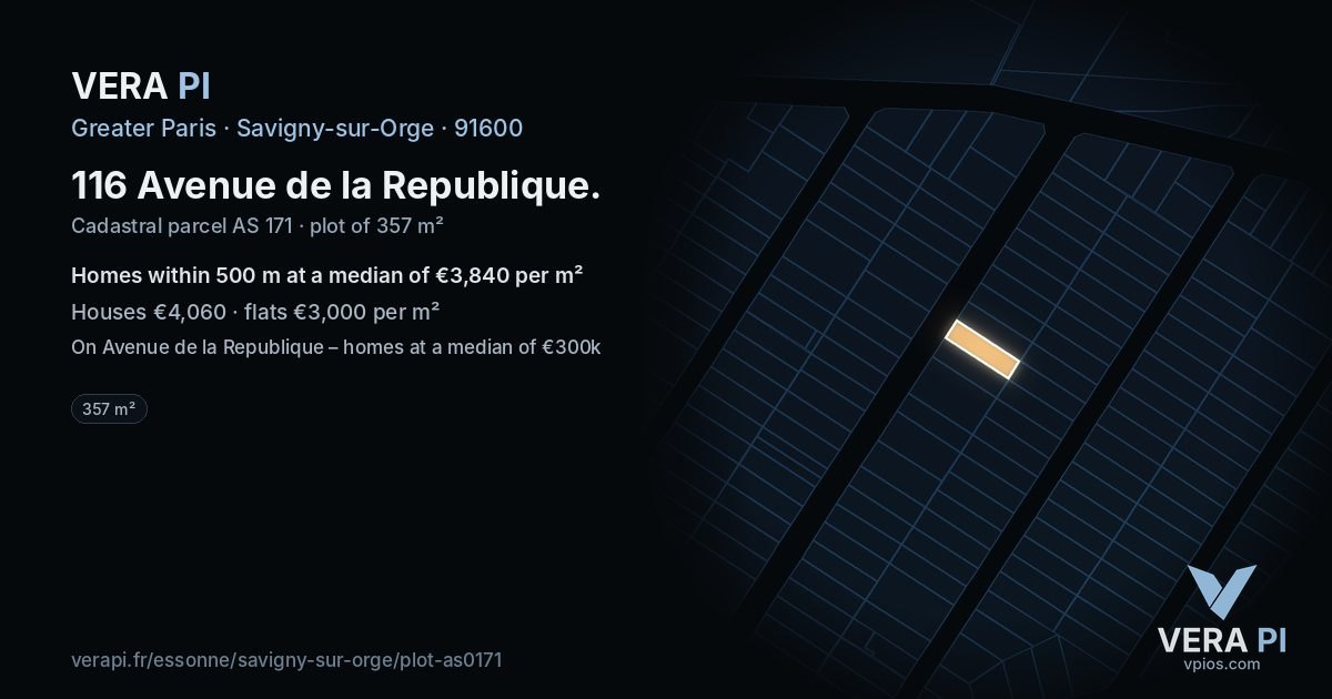 116 Avenue de la Republique, Savigny-sur-Orge at night – the plot lit, the parcels around coloured by the prices near them