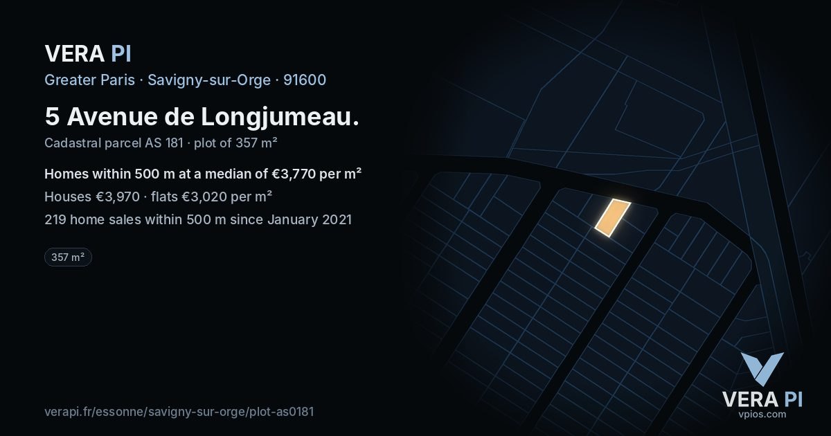 5 Avenue de Longjumeau, Savigny-sur-Orge at night – the plot lit, the parcels around coloured by the prices near them