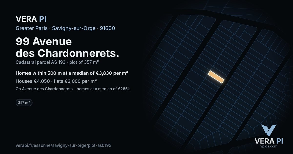 99 Avenue des Chardonnerets, Savigny-sur-Orge at night – the plot lit, the parcels around coloured by the prices near them