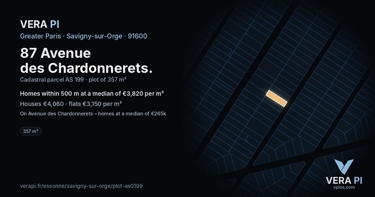 87 Avenue des Chardonnerets, Savigny-sur-Orge at night – the plot lit, the parcels around coloured by the prices near them