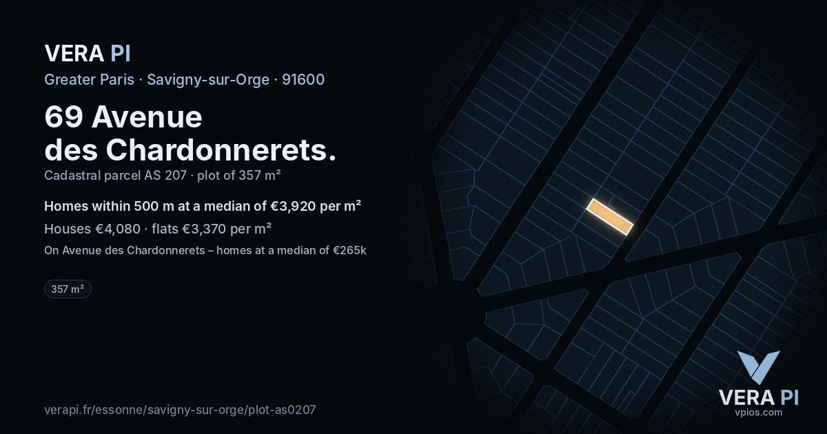 69 Avenue des Chardonnerets, Savigny-sur-Orge at night – the plot lit, the parcels around coloured by the prices near them