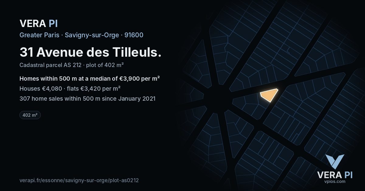31 Avenue des Tilleuls, Savigny-sur-Orge at night – the plot lit, the parcels around coloured by the prices near them