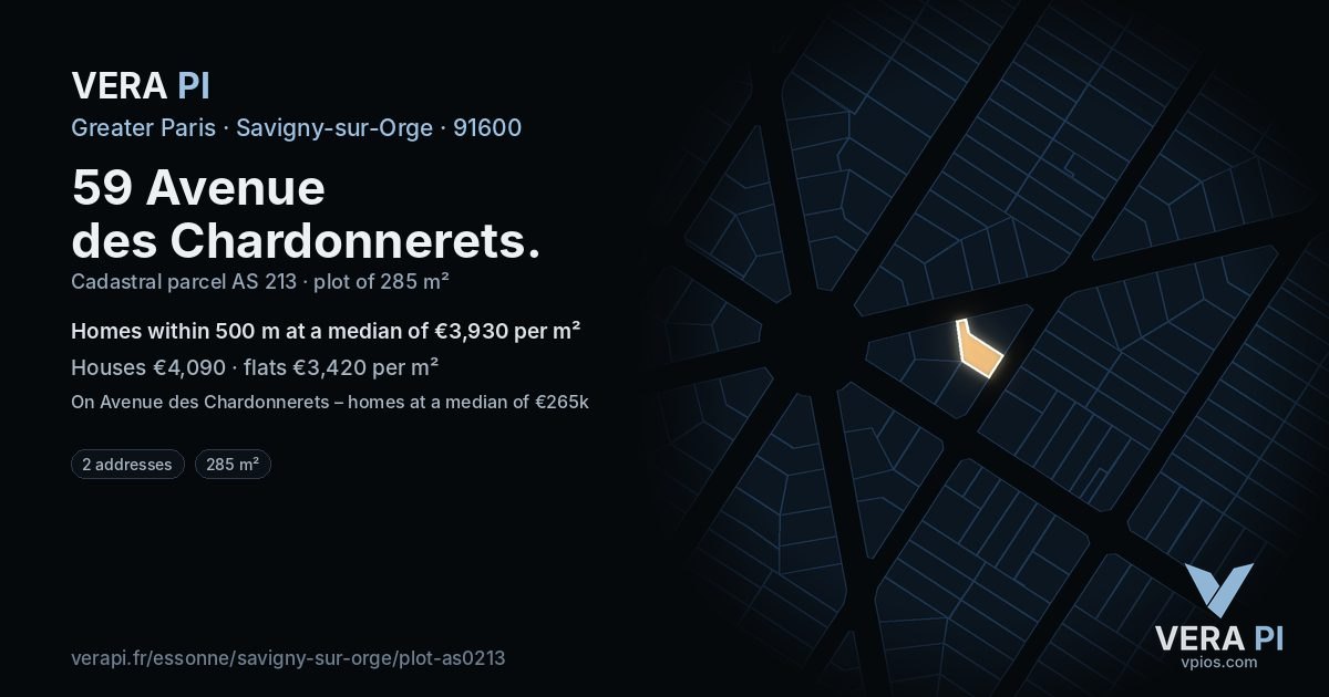 59 Avenue des Chardonnerets, Savigny-sur-Orge at night – the plot lit, the parcels around coloured by the prices near them
