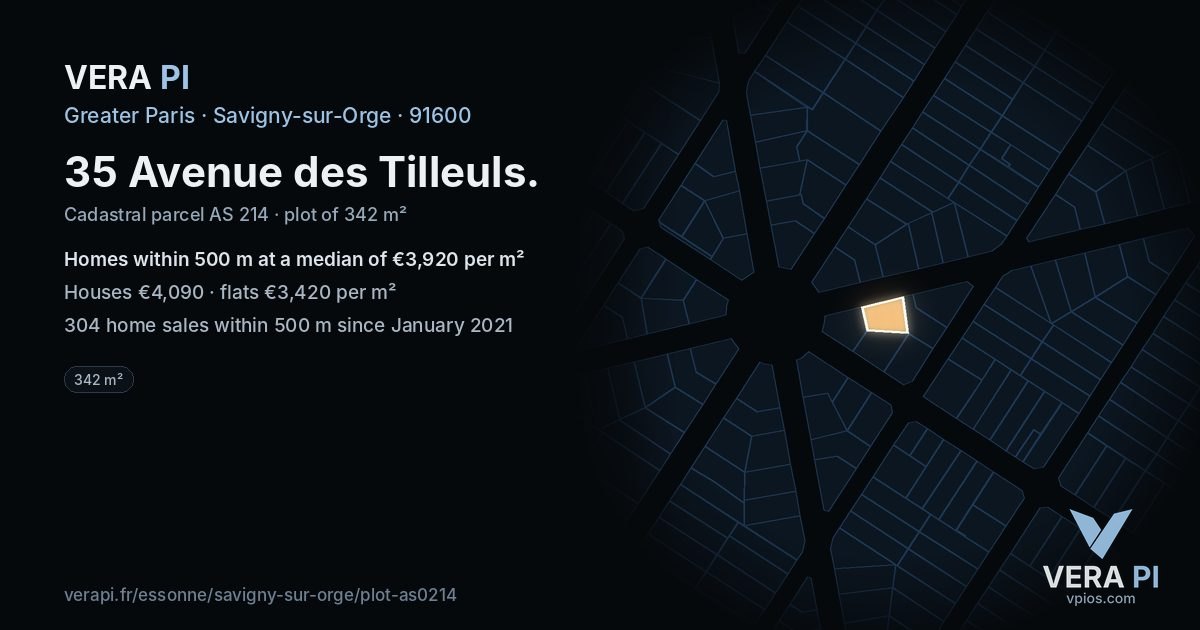 35 Avenue des Tilleuls, Savigny-sur-Orge at night – the plot lit, the parcels around coloured by the prices near them