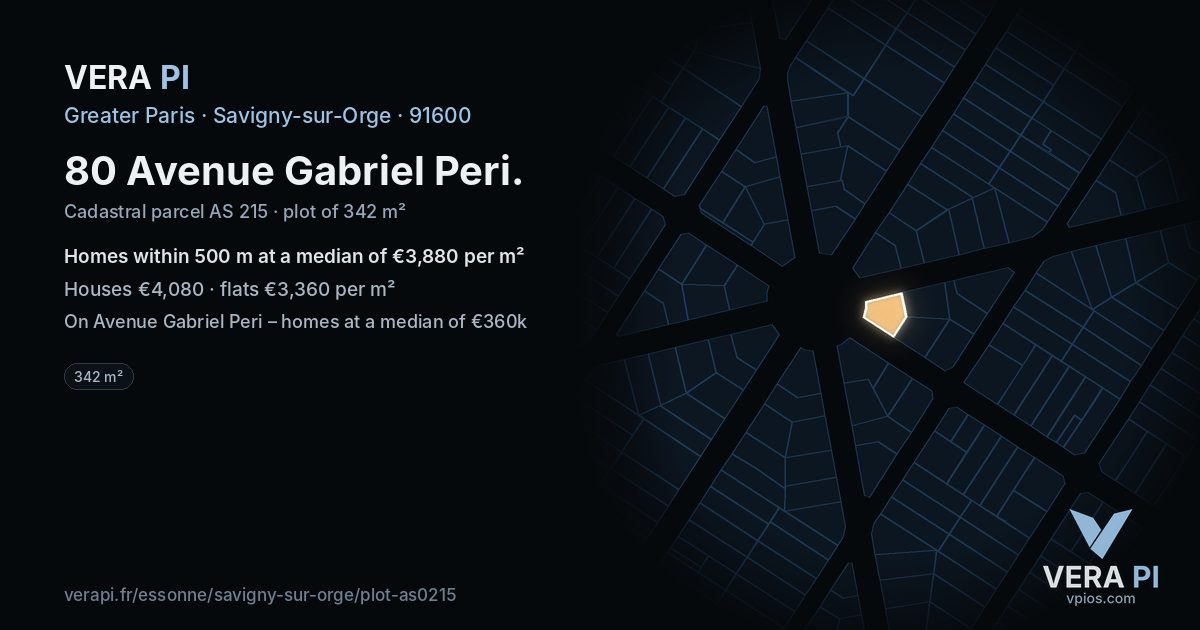 80 Avenue Gabriel Peri, Savigny-sur-Orge at night – the plot lit, the parcels around coloured by the prices near them