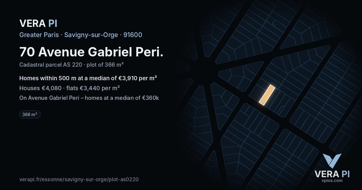 70 Avenue Gabriel Peri, Savigny-sur-Orge at night – the plot lit, the parcels around coloured by the prices near them