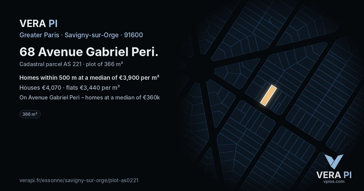 68 Avenue Gabriel Peri, Savigny-sur-Orge at night – the plot lit, the parcels around coloured by the prices near them