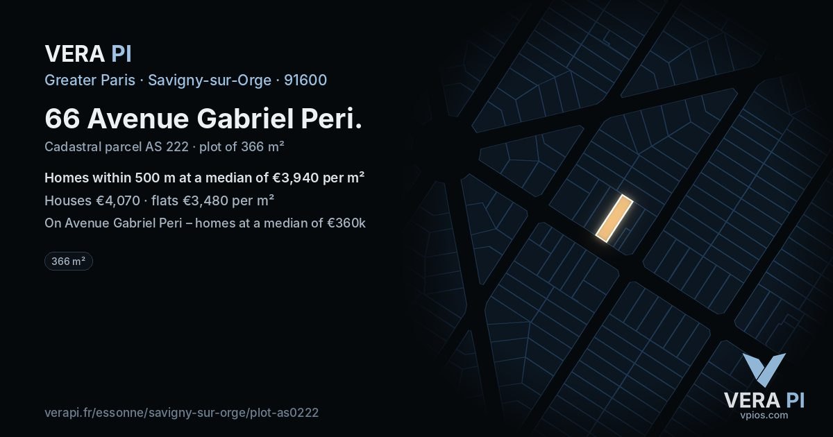 66 Avenue Gabriel Peri, Savigny-sur-Orge at night – the plot lit, the parcels around coloured by the prices near them