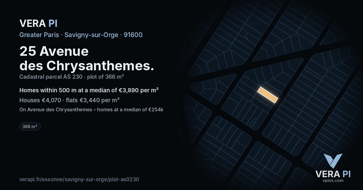 25 Avenue des Chrysanthemes, Savigny-sur-Orge at night – the plot lit, the parcels around coloured by the prices near them