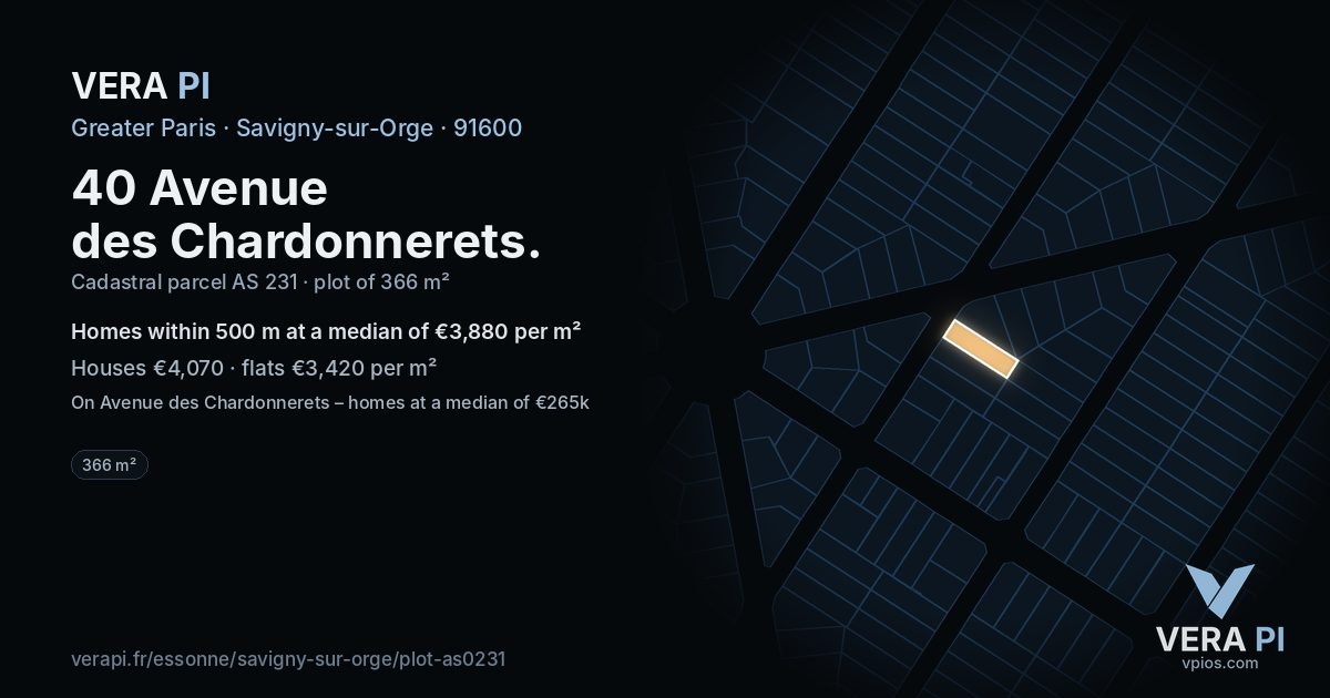 40 Avenue des Chardonnerets, Savigny-sur-Orge at night – the plot lit, the parcels around coloured by the prices near them