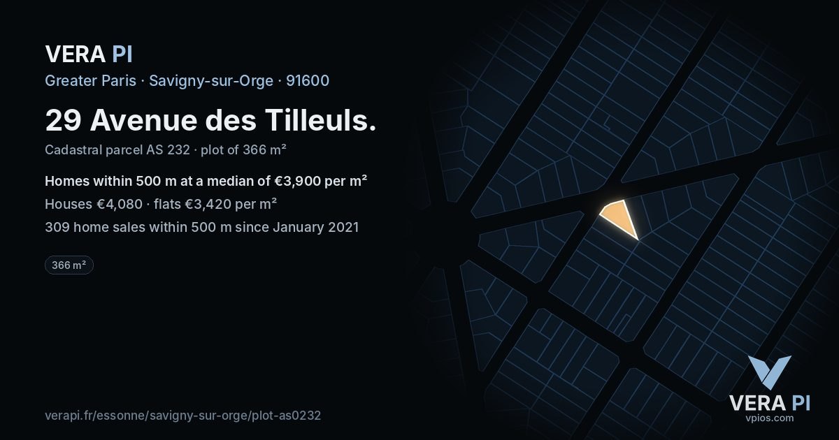 29 Avenue des Tilleuls, Savigny-sur-Orge at night – the plot lit, the parcels around coloured by the prices near them