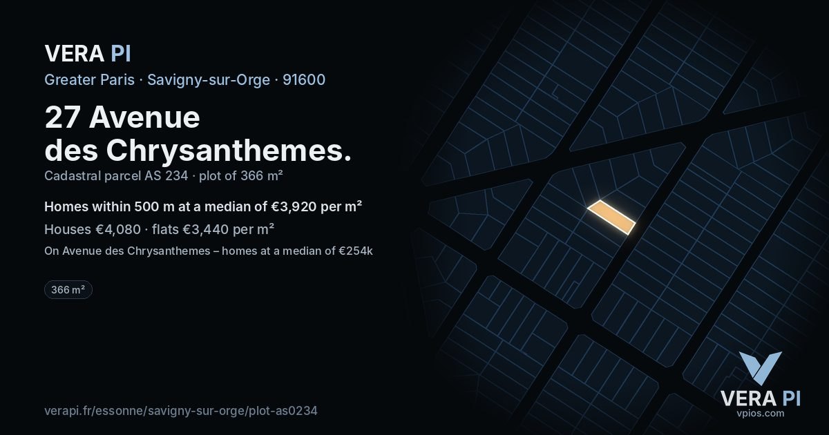 27 Avenue des Chrysanthemes, Savigny-sur-Orge at night – the plot lit, the parcels around coloured by the prices near them