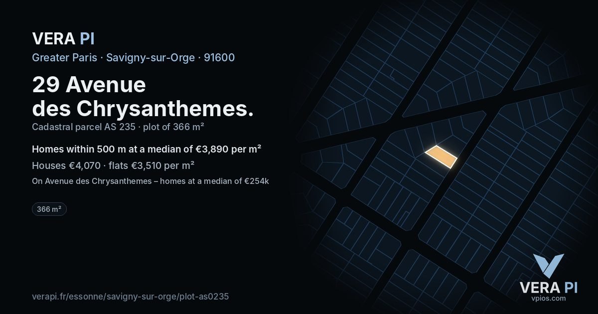 29 Avenue des Chrysanthemes, Savigny-sur-Orge at night – the plot lit, the parcels around coloured by the prices near them