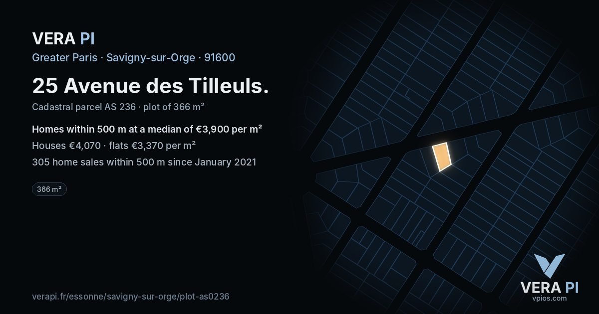 25 Avenue des Tilleuls, Savigny-sur-Orge at night – the plot lit, the parcels around coloured by the prices near them