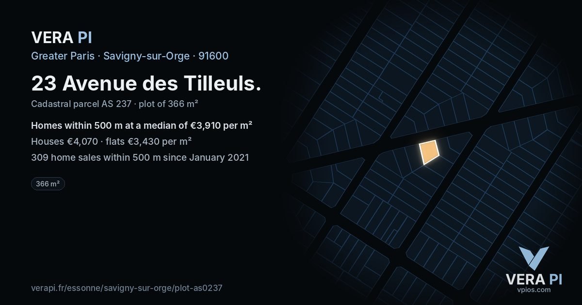23 Avenue des Tilleuls, Savigny-sur-Orge at night – the plot lit, the parcels around coloured by the prices near them
