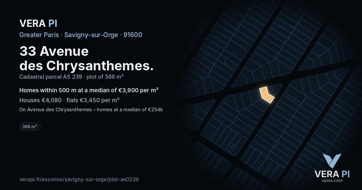 33 Avenue des Chrysanthemes, Savigny-sur-Orge at night – the plot lit, the parcels around coloured by the prices near them