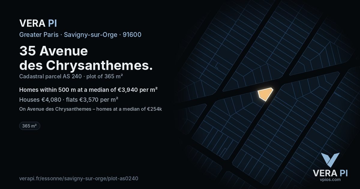 35 Avenue des Chrysanthemes, Savigny-sur-Orge at night – the plot lit, the parcels around coloured by the prices near them