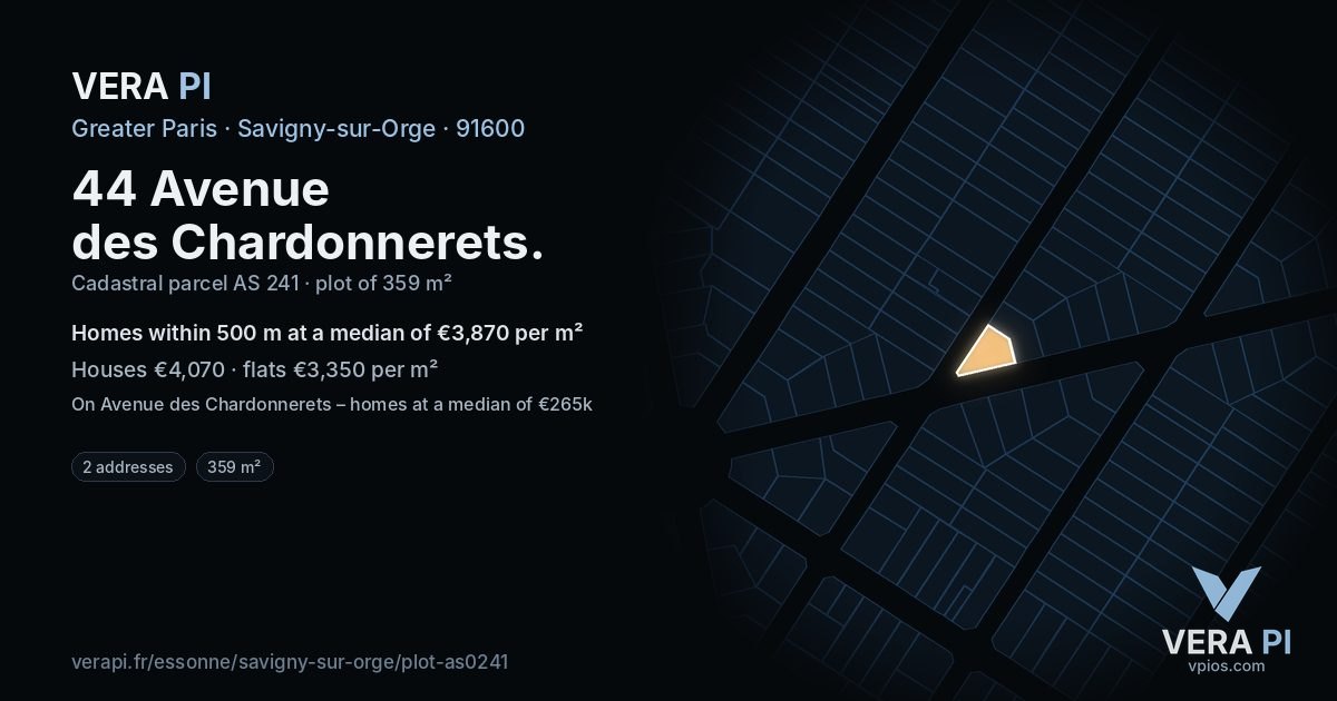 44 Avenue des Chardonnerets, Savigny-sur-Orge at night – the plot lit, the parcels around coloured by the prices near them