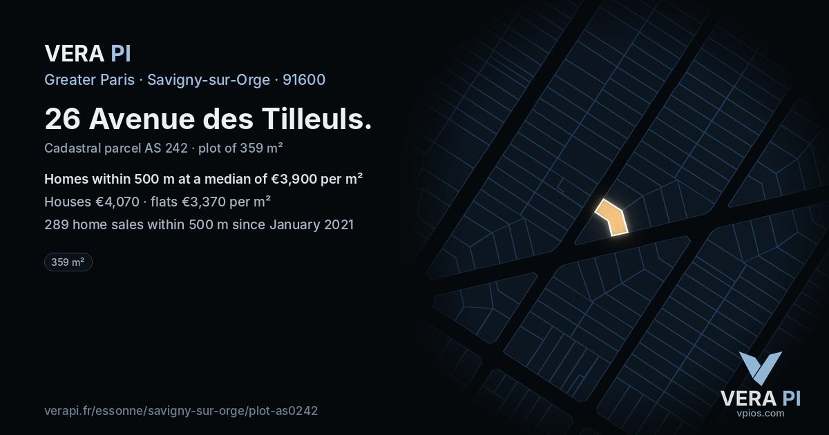 26 Avenue des Tilleuls, Savigny-sur-Orge at night – the plot lit, the parcels around coloured by the prices near them