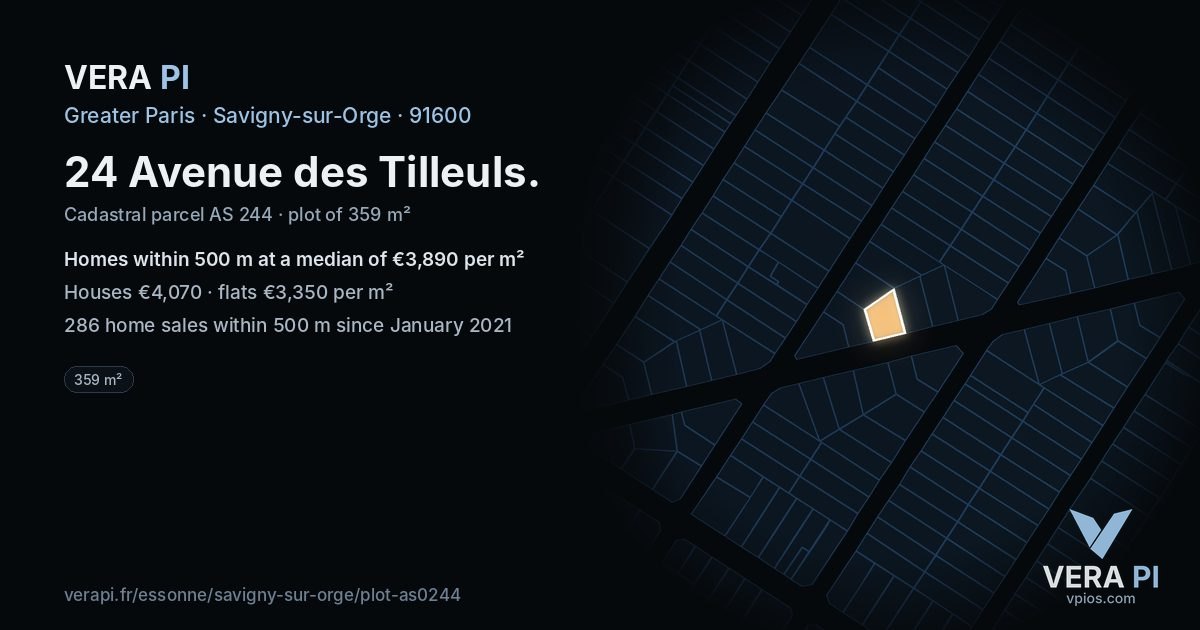 24 Avenue des Tilleuls, Savigny-sur-Orge at night – the plot lit, the parcels around coloured by the prices near them