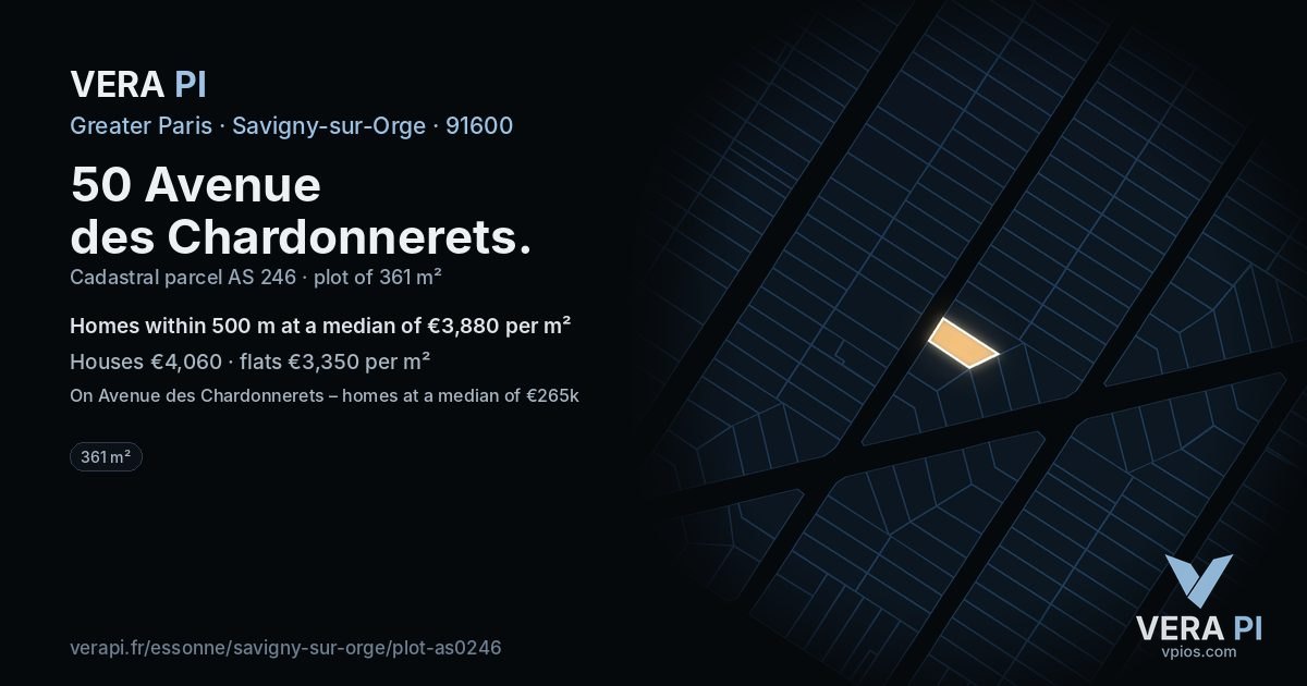50 Avenue des Chardonnerets, Savigny-sur-Orge at night – the plot lit, the parcels around coloured by the prices near them