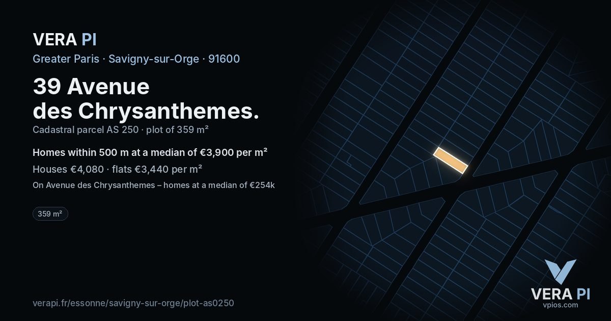 39 Avenue des Chrysanthemes, Savigny-sur-Orge at night – the plot lit, the parcels around coloured by the prices near them