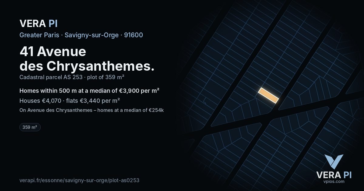 41 Avenue des Chrysanthemes, Savigny-sur-Orge at night – the plot lit, the parcels around coloured by the prices near them