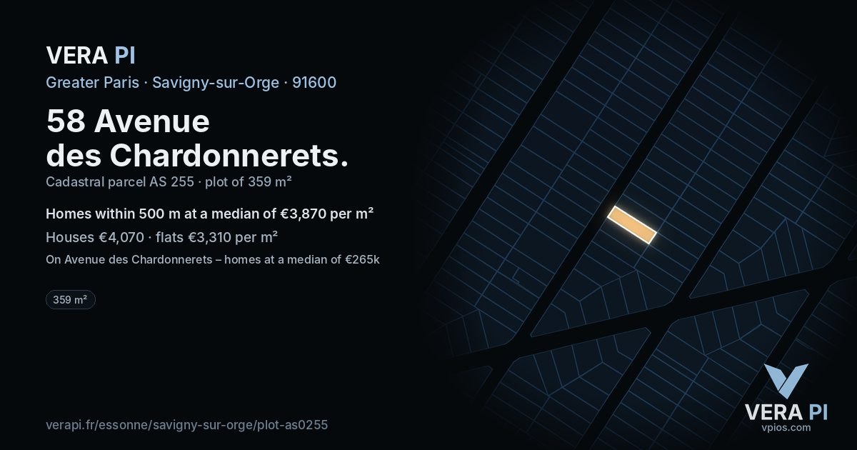 58 Avenue des Chardonnerets, Savigny-sur-Orge at night – the plot lit, the parcels around coloured by the prices near them