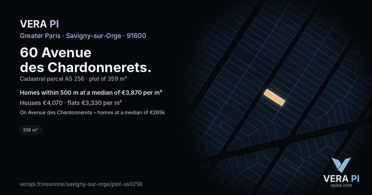 60 Avenue des Chardonnerets, Savigny-sur-Orge at night – the plot lit, the parcels around coloured by the prices near them