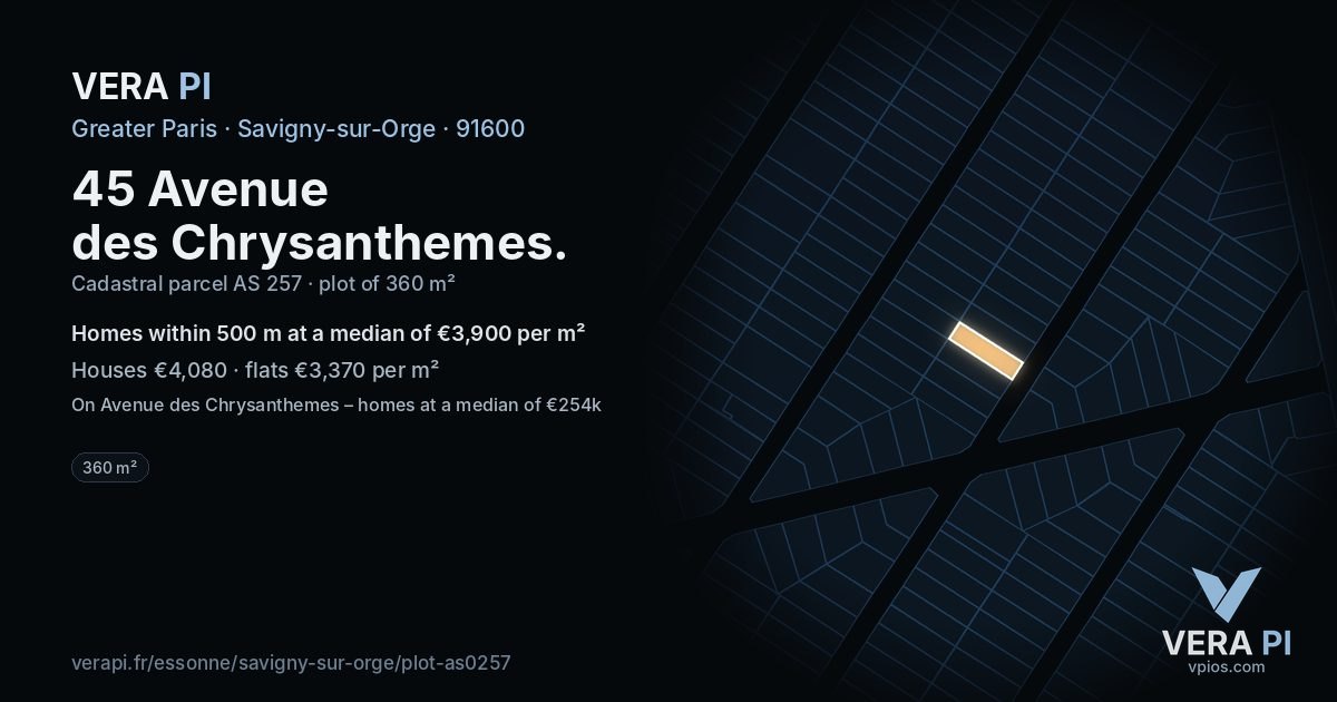 45 Avenue des Chrysanthemes, Savigny-sur-Orge at night – the plot lit, the parcels around coloured by the prices near them