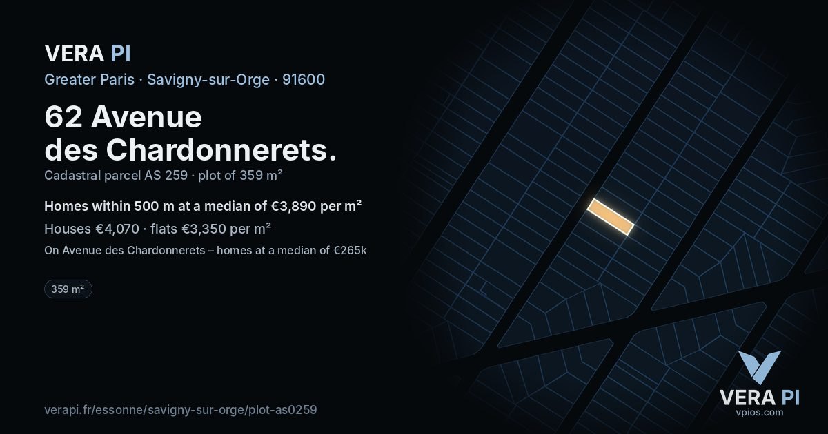62 Avenue des Chardonnerets, Savigny-sur-Orge at night – the plot lit, the parcels around coloured by the prices near them