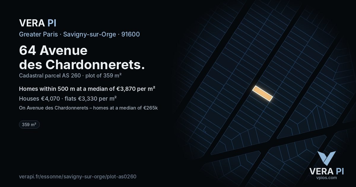 64 Avenue des Chardonnerets, Savigny-sur-Orge at night – the plot lit, the parcels around coloured by the prices near them
