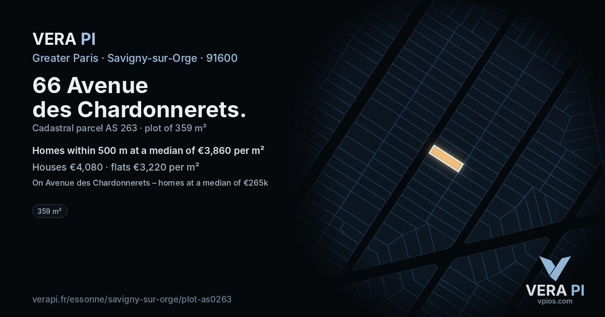 66 Avenue des Chardonnerets, Savigny-sur-Orge at night – the plot lit, the parcels around coloured by the prices near them