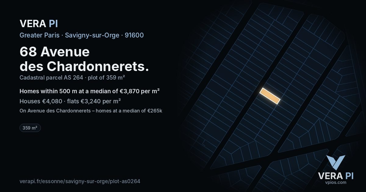 68 Avenue des Chardonnerets, Savigny-sur-Orge at night – the plot lit, the parcels around coloured by the prices near them