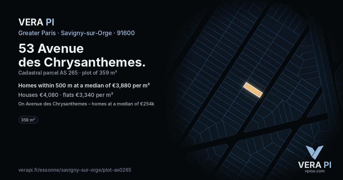 53 Avenue des Chrysanthemes, Savigny-sur-Orge at night – the plot lit, the parcels around coloured by the prices near them