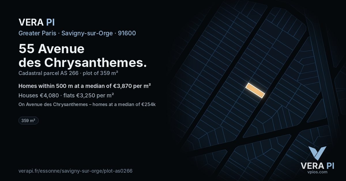 55 Avenue des Chrysanthemes, Savigny-sur-Orge at night – the plot lit, the parcels around coloured by the prices near them