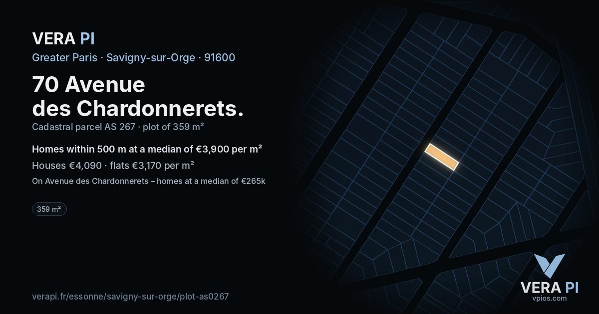 70 Avenue des Chardonnerets, Savigny-sur-Orge at night – the plot lit, the parcels around coloured by the prices near them